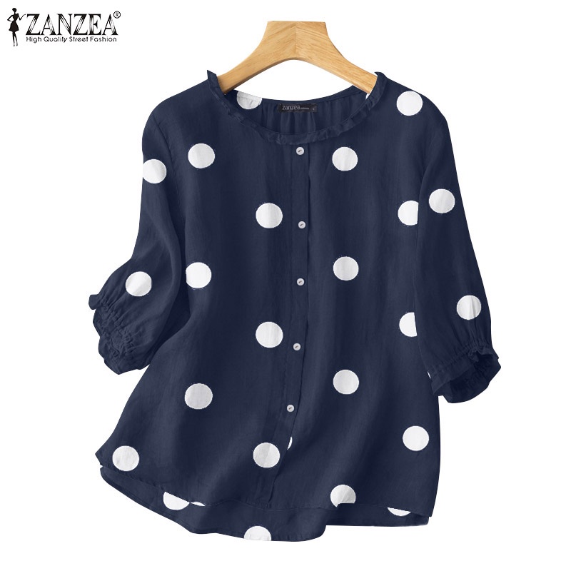 ZANZEA Áo Sơ Mi Tay Lửng 3 / 4 Họa Tiết Chấm Bi Thời Trang Cho Nữ