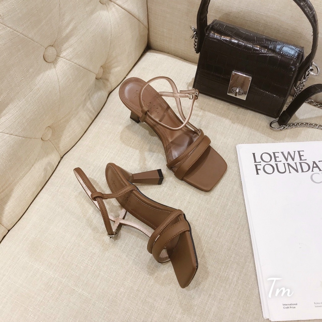 Sandal  nữ 7 phân quai gót mảnh mũi vuông thời trang hàn quốc đẹp cao cấp có ĐEN VÀ Nâu