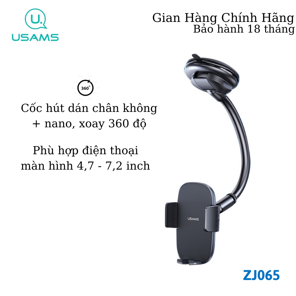 Giá đỡ điện thoại hút chân không dùng gắn kính hoặc Taplo trên ô tô USAMS ZJ065 - Cốc hút xoay 360 độ không cản tầm nhìn