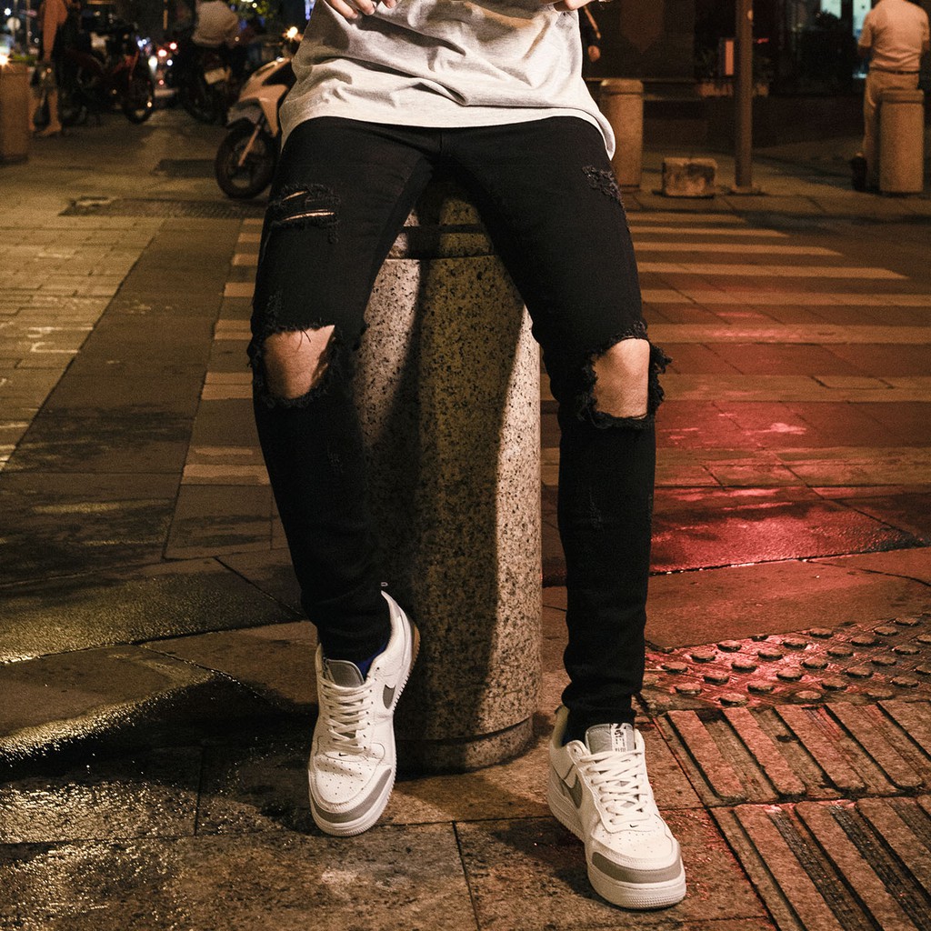 Quần Skinny Jeans Nam-Màu Đen-Rách Gối To, Nhỏ Ở Đùi-Chất Liệu Cotton Co Giãn-Ống Đứng Dáng-Ống Ôm Chân Chuẩn Skinny | BigBuy360 - bigbuy360.vn