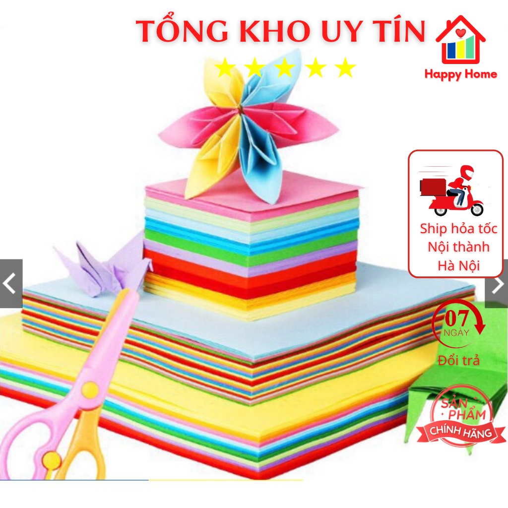 Tệp 100 tờ giấy gấp Origami, giấy thủ công gấp hạc hoa (10 màu tổng 100 tờ) nhiều kích thước Happy Home