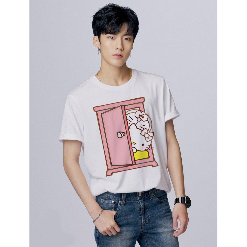 Áo thun Nam in hình Doraemon và mèo kitty cùng cánh cửa thần kỳ - Cotton Thun Phong Cách Cá Tính - Cực Chất Và Đẹp
