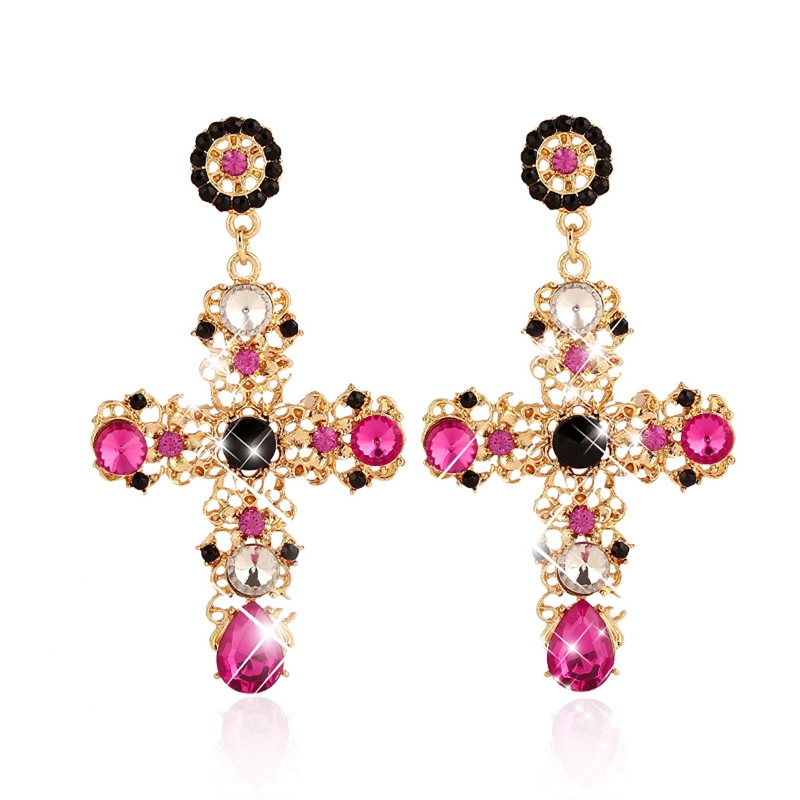 Khuyên tai chuỗi hình chữ thập đính đá phong cách Boho