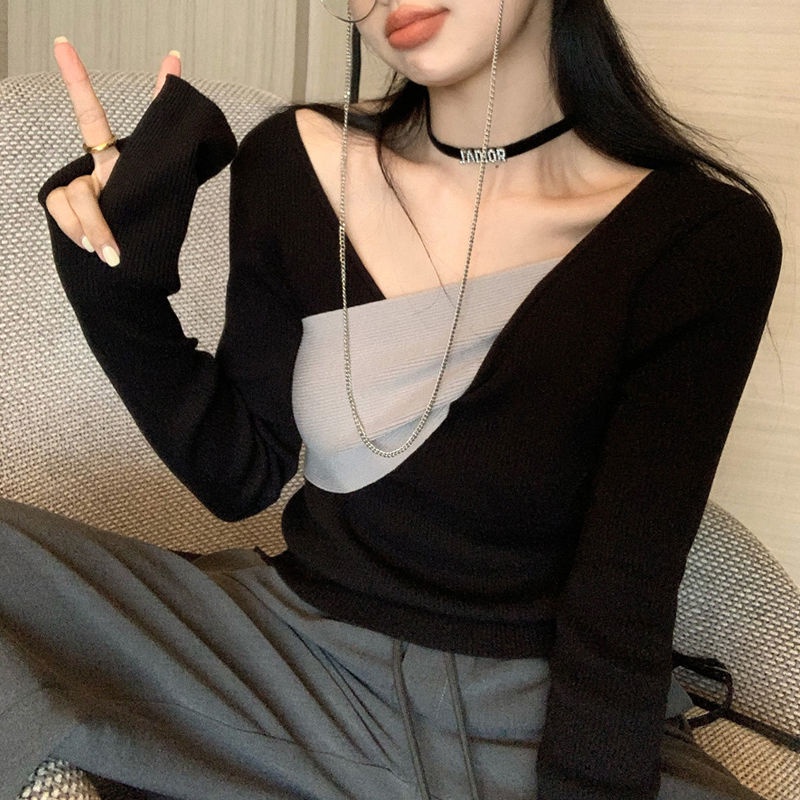 【77】 Áo sweater dệt kim dáng ôm màu sắc tương phản thời trang thu đông cho nữ