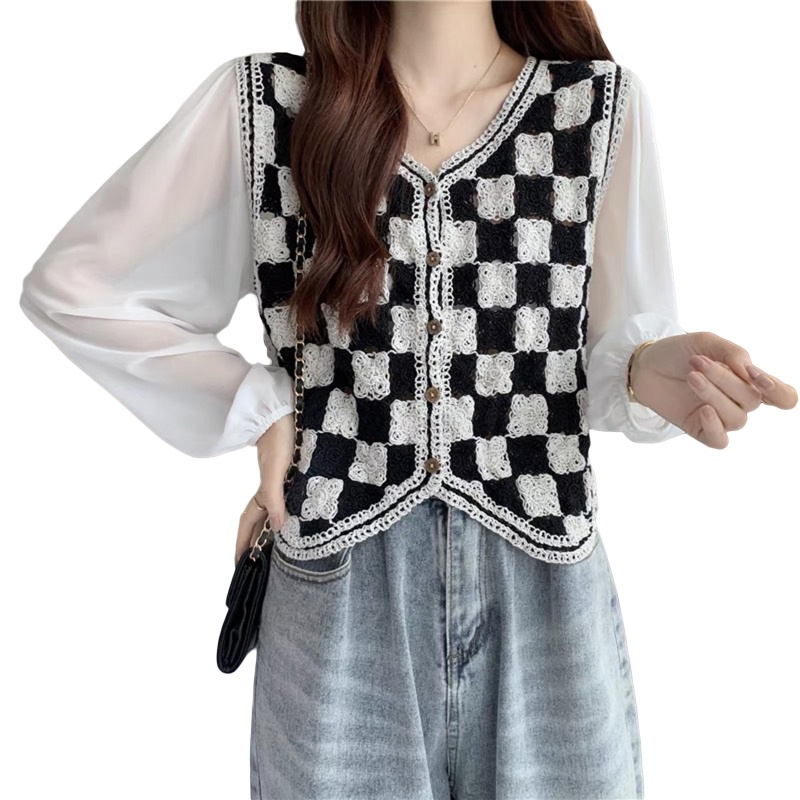 Áo Thun Nữ Dài Tay Cổ Tròn Ca Rô Trắng Đen Thời Trang