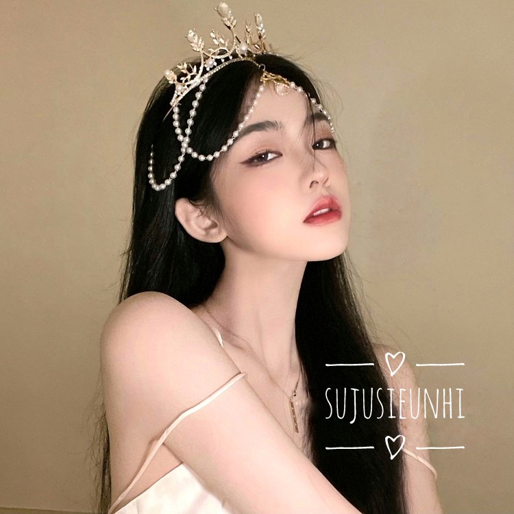vương miện kèm chuỗi ngọc đính giọt nước trang trí trán lolita, cài tóc cô dâu, cosplay hóa trang