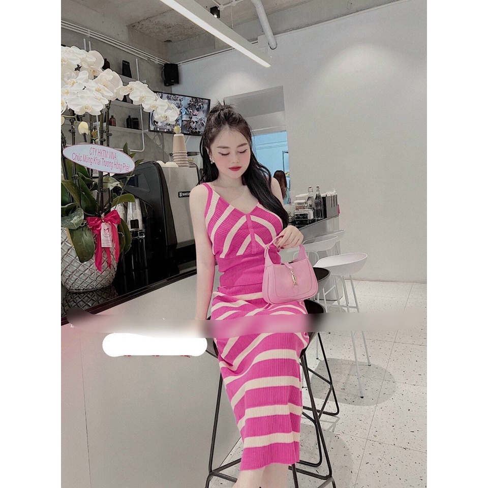 Set Váy Áo Monterghi Hai Dây Kẻ Sọc Hồng len tăm loại 1, tôn da tôn dáng dự tiệc