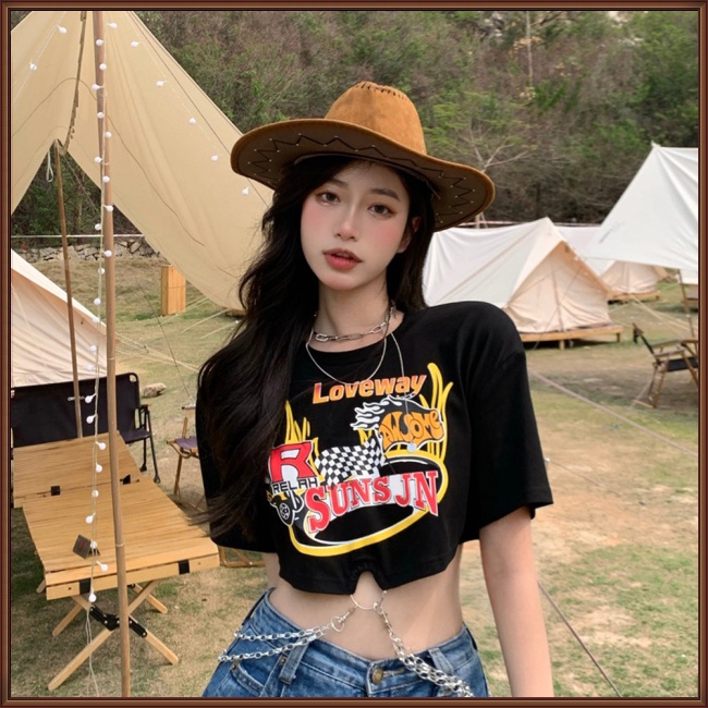 Áo Thun Crop Top Tay Ngắn Cổ Tròn Phối Dây Xích Thời Trang Mùa Hè Quyến Rũ Cho Nữ