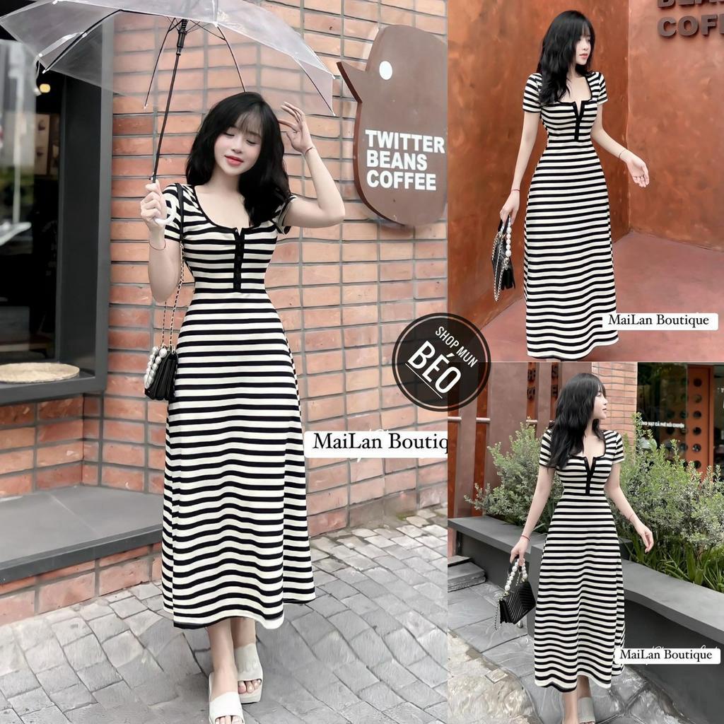 Đầm cổ vuông cúc cài tay ngắn phom dài dáng xoè thích hợp mặc đi làm đi chơi phù hợp với mọi phong cách