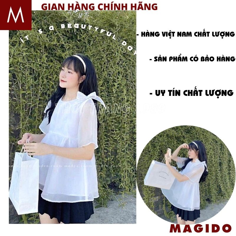 Áo babydoll nữ voan tơ 2 lớp nơ vai kiểu dáng hàn quốc ulzzang tiểu thư bánh bèo dễ thương -MAGIDO