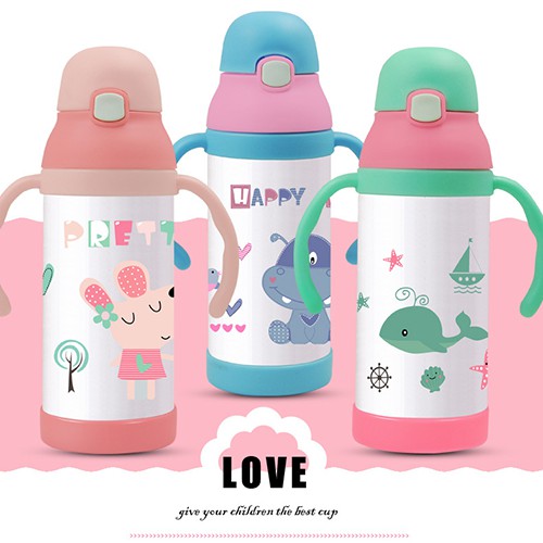 [THANH LÝ]- Bình giữ nhiệt có vòi bú cho bé (kèm tay cầm và dây xách, đeo tránh rớt) 350ml