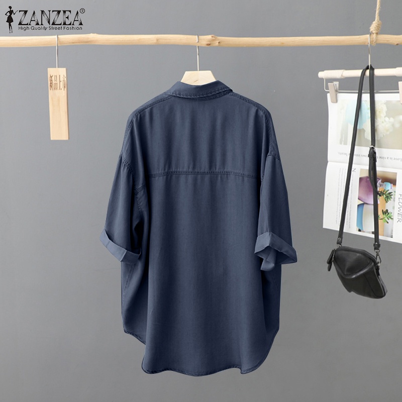 ZANZEA Áo Sơ Mi Denim Tay Ngắn Đơn Giản Dễ Phối Đồ Thời Trang Cho Nữ