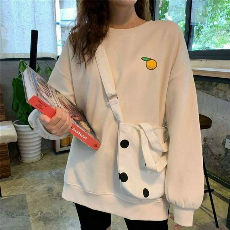 Áo sweater nữ form rộng nỉ bông cực xịn thêu hình trái cây cực cute áo thun dài tay chui đầu ấm áp