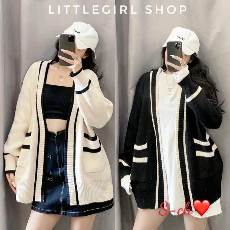 Áo len cadigan phối kẻ