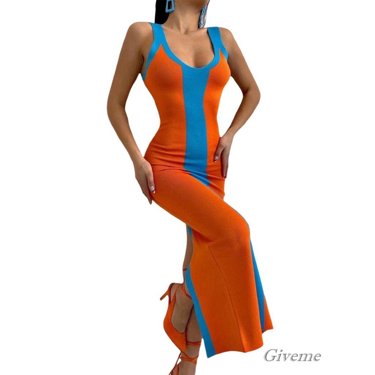 Đầm Midi Dệt Kim Sát Nách Cổ Chữ V Màu Sắc Tương Phản Thời Trang Cho Nữ