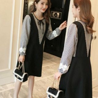 Đầm phối caro tay dài nơ cổ (kèm hình thật)