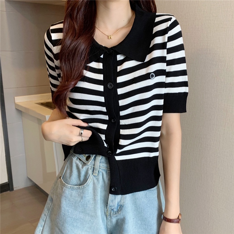 Áo Thun POLO Dệt Kim Tay Ngắn Kẻ Sọc Thiết Kế Trẻ Trung Cá Tính