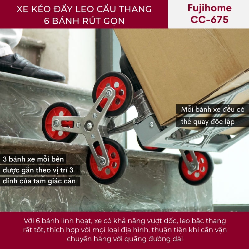 Xe kéo hàng leo cầu thang 6 bánh Nhập Khẩu Nhật Bản Fujihome 70kg, xe đẩy leo cầu thang gấp gọn đa năng siêu thị