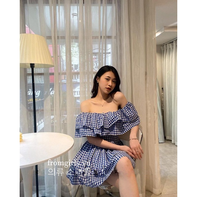 Váy trễ vai kẻ caro xanh, đầm caro trễ vai dáng ngắn vai bèo sexy - V72