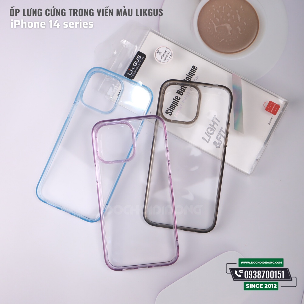 Ốp lưng cứng trong viền màu Likgus cho iPhone 14 - 14 Plus - 14 Pro - 14 Pro Max