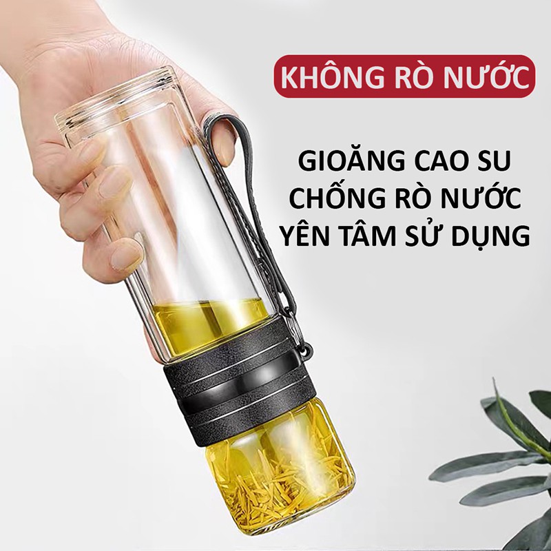 Bình pha trà giữ nhiệt 400ml bằng thủy tinh 2 lớp dày dặn có lưới lọc trà, quai xách tiện lợi