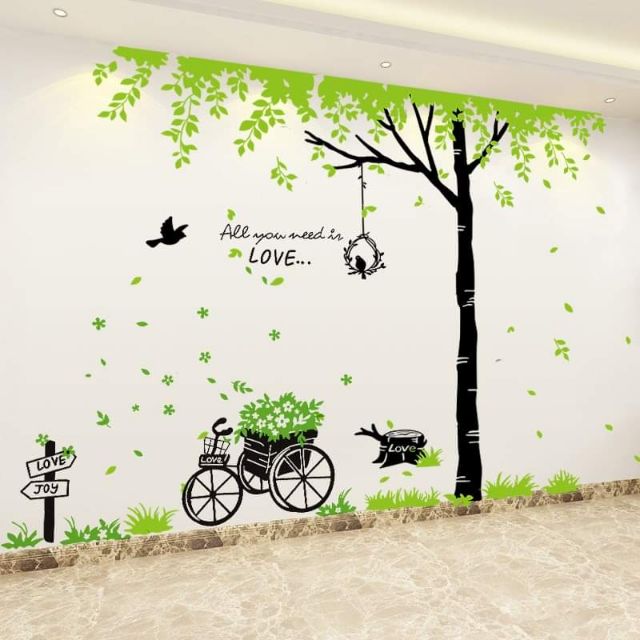 DECAL DÁN TƯỜNG CÂY XANH VÀ XE ĐẠP