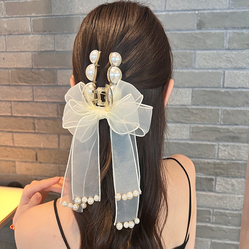 Kẹp Tóc Hình Nơ Đính Ngọc Trai Màu Đen Phong Cách Hàn Quốc Cho Nữ