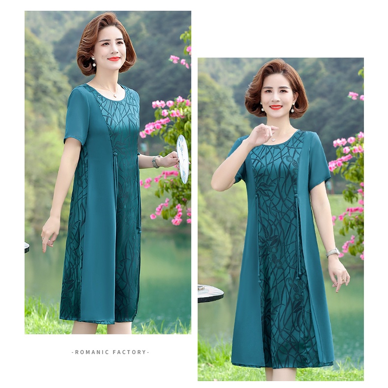 Đầm trung niên Đầm trung niên cao cấp màu xanh váy đầm trung niên big size Đầm Ngắn Phong Cách Phương Tây Thời Trang Mùa Hè Cho Phụ Nữ Trung Niên 50 Tuổi