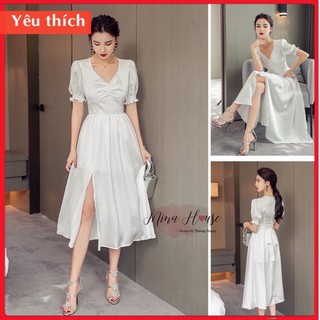 Váy trắng lụa tay bồng dự tiệc xẻ tà / mina’s house