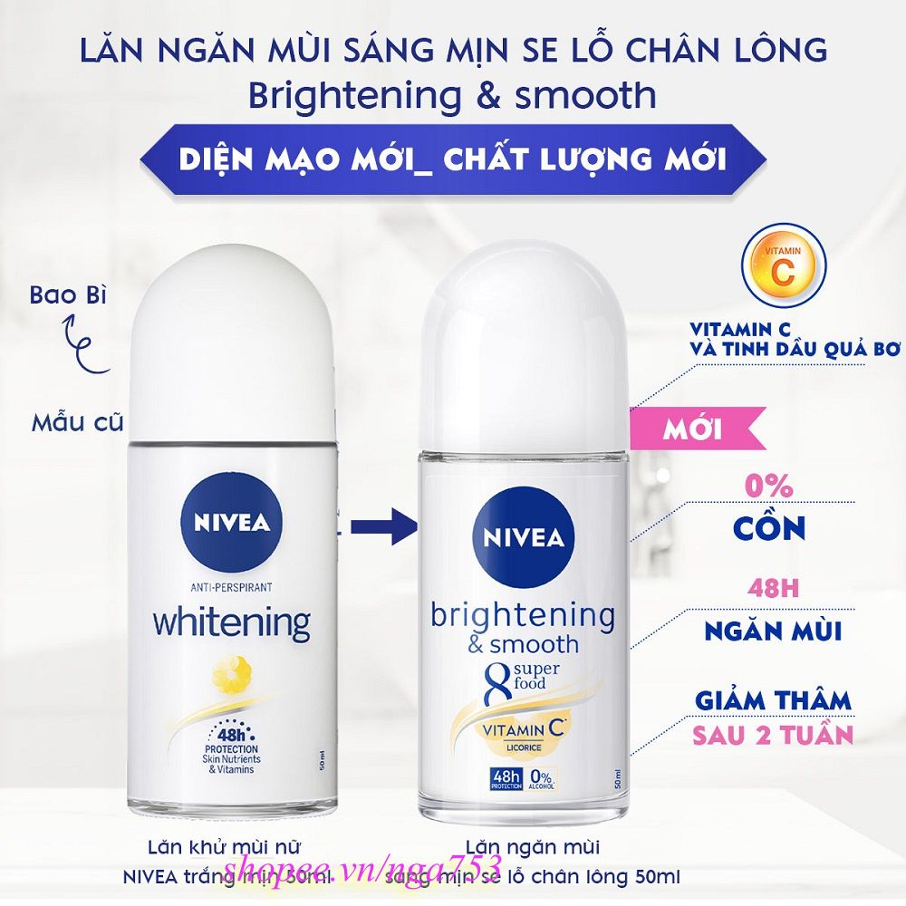 Lăn Khử Mùi Nữ 50ml Nivea Làm Trắng Và Mịn Da Brightening & Smooth, Chính Hãng Shop 99k Cung Cấp.