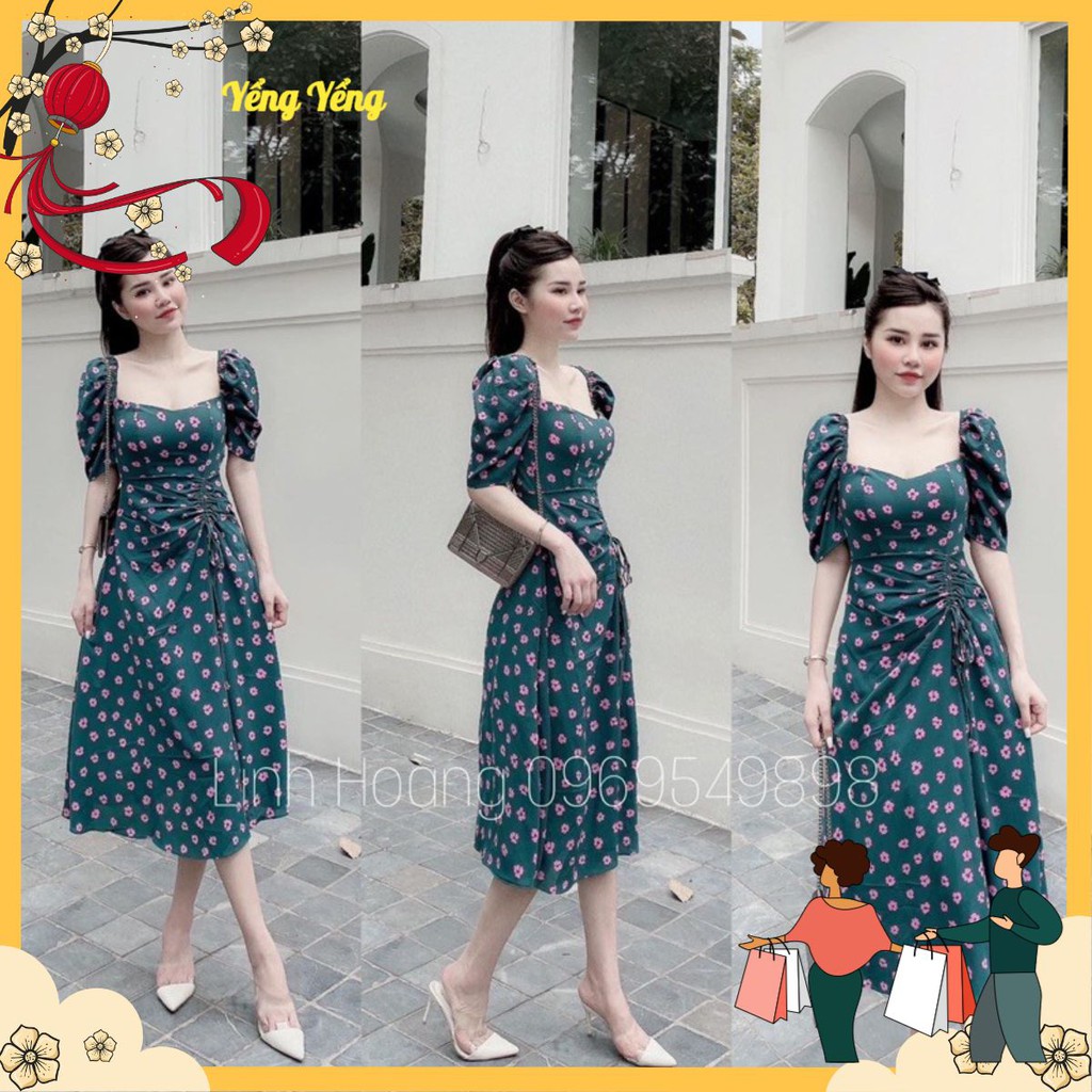 [Mã SKAMA06 giảm 8% tối đa 50K đơn 250K] VNU252 - VÁY XANH LÁ HOA TÍM CỔ VUÔNG DÚM EO