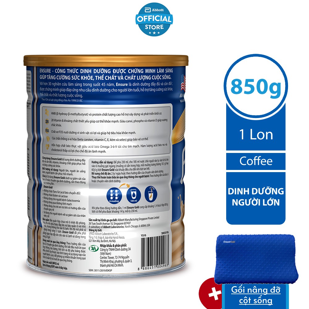 [Nhập GRO1AB521 giảm 4%] [Tặng Gối nâng đỡ cột sống màu bất kỳ] Sữa bột Abbott Ensure 850g/lon Coffee