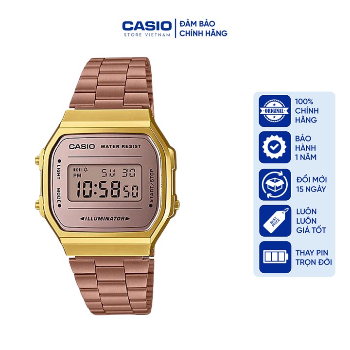 Đồng hồ Unisex Casio A168WECM-5DF, đồng hồ chính hãng, mặt tráng gương, dây kim loại