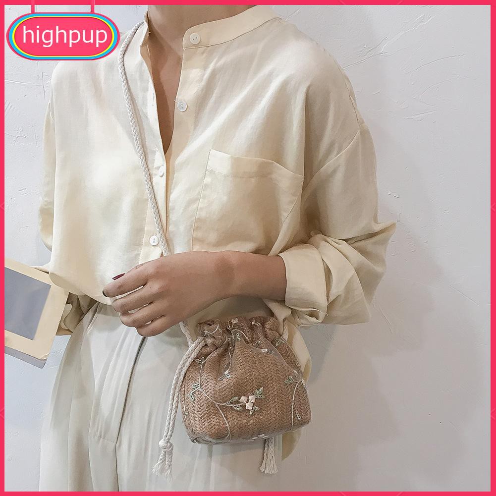 Túi đeo chéo kiểu đan dệt có dây rút thêu họa tiết hoa thời trang dành cho nữ