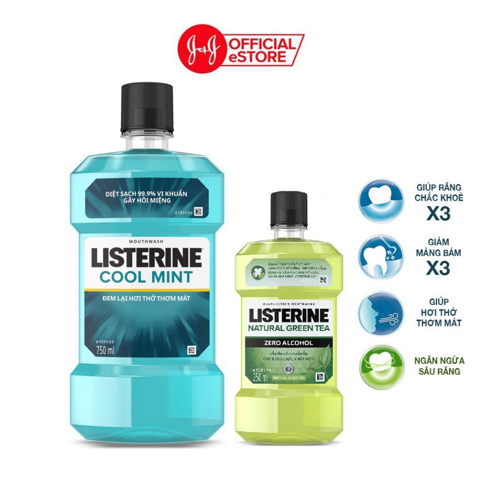 Combo Nước súc miệng hơi thở thơm mát Listerine Cool Mint 750+250ml nước súc miệng Listerine Green Tea