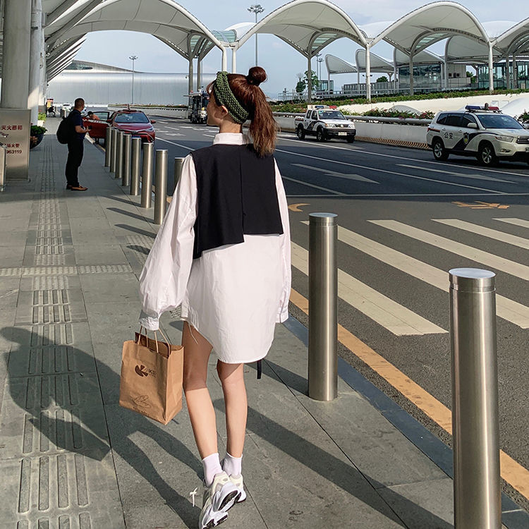Set Áo Sơ Mi Tay Dài Màu Trơn Và Áo Vest Không Tay Thời Trang Hàn Quốc Cho Nữ