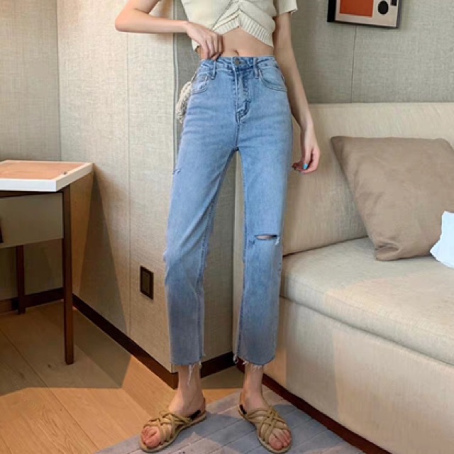 Quần slim baggy jeans lưng cao rách sườn ver.2 form ulzzang kèm ảnh thật hàng sẵn