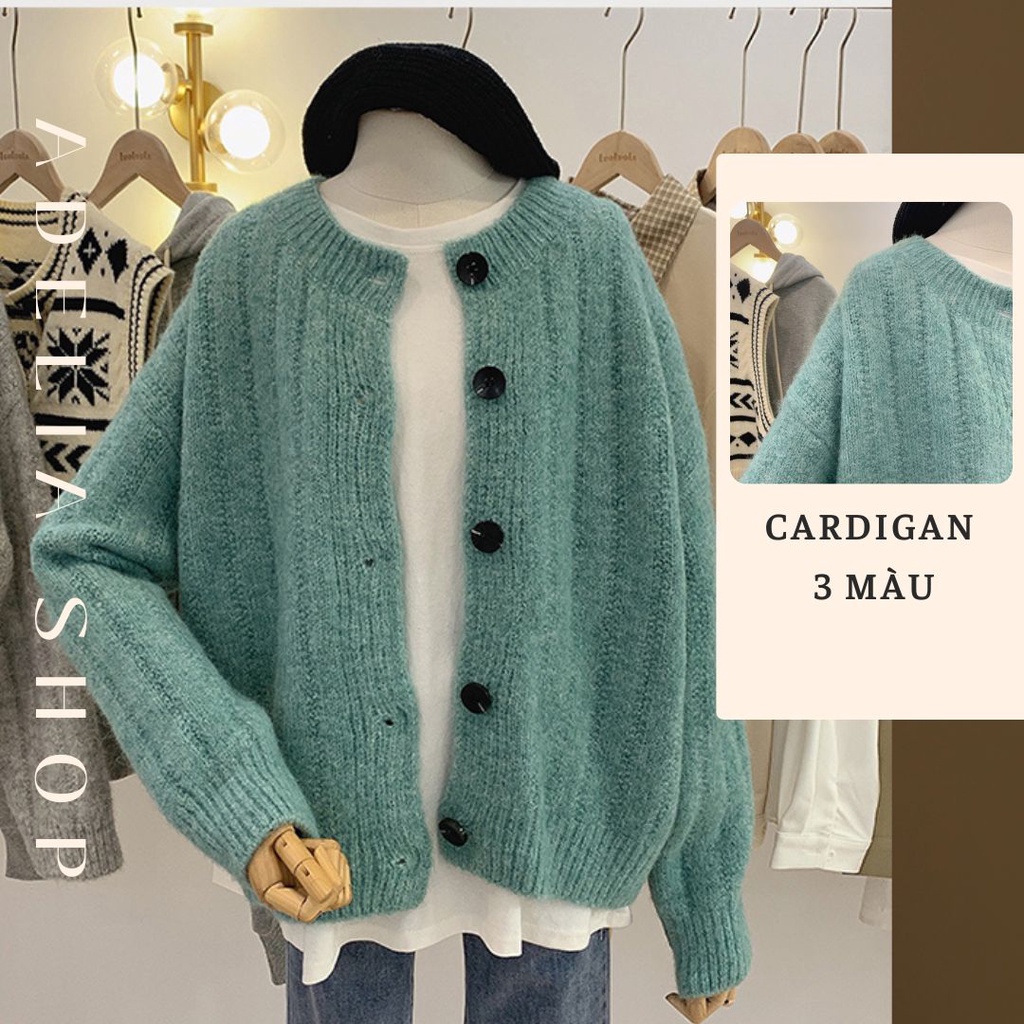 Adelia | Áo Khoác Len Nữ Ulzzang Cổ Tròn Dài Tay 3 Màu Hàn Quốc Nhẹ Nhàng, Áo Cardigan Len Dệt Kim Dày Dặn