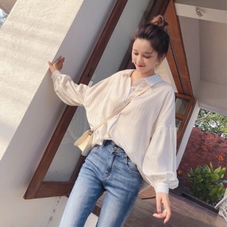 Áo sơ mi kẻ trắng dài tay, áo sơ mi tay to phồng rộng