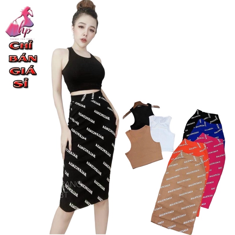 Set đồ nữ áo croptop ba lỗ sát nách kèm váy dài ôm body in chữ trend 2021 thời trang