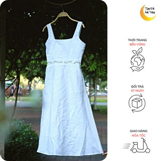Đầm hai dây Hạ Vân chất liệu linen tưng, thêu tay (màu trắng)