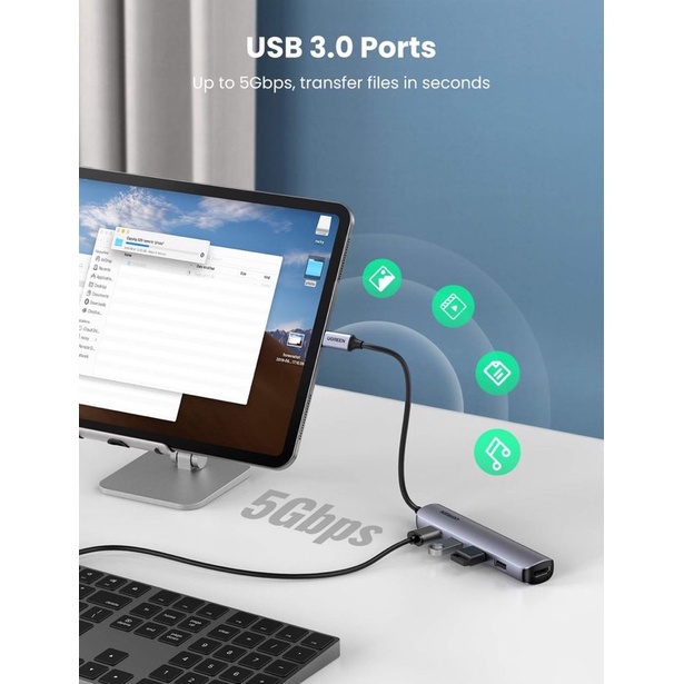 Cáp Chuyển Hub Ugreen 5 in 1 Type C Ra 4 USB3.0 + HDMI Vỏ Nhôm Ultra Slim