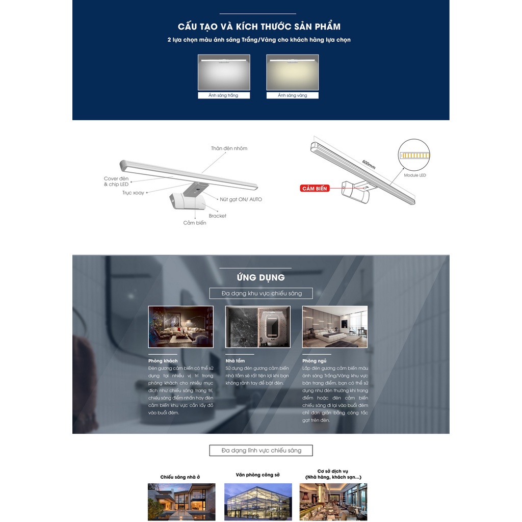 Đèn LED chiếu gương cảm biến RẠNG ĐÔNG - Bảo Hành 24 Tháng
