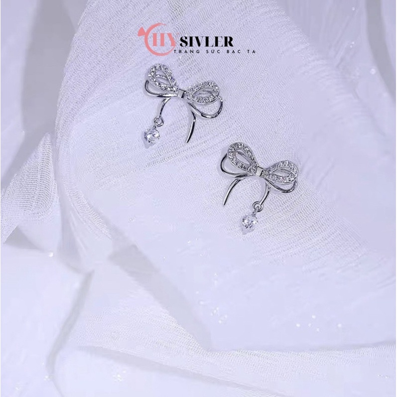 Bông tai bạc ta nơ kép nạm đá đính đá rơi nữ tính sang chảnh bông tai nữ bạc thật
