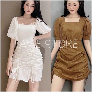 Váy dây rút vintage ngắn cổ vuông tay bồng