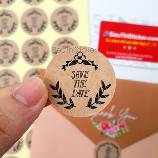 Tem dán niêm phong thiệp cưới, thiệp báo hỷ mẫu tròn giấy kraft Save the date kích thước 3cm mã STD04