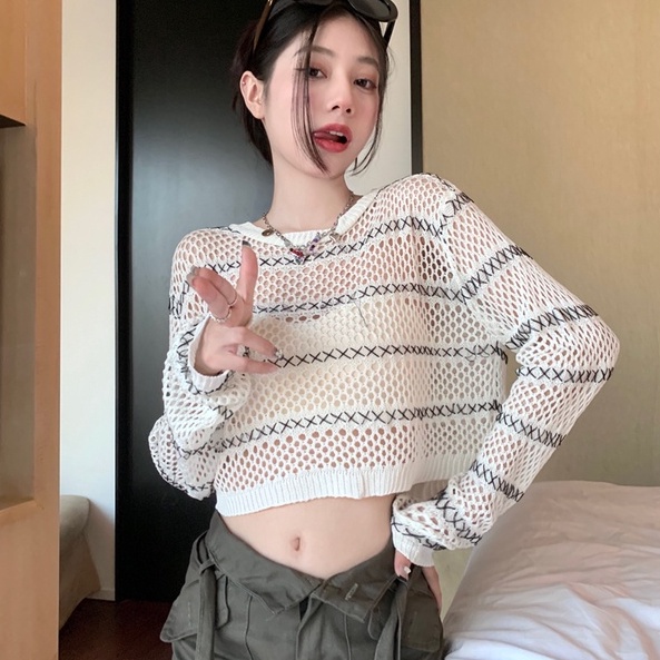 Áo kiểu ZHELIHANGFEI vải dệt kim tay dài chống nắng lưng cao hở eo họa tiết kẻ sọc ngang