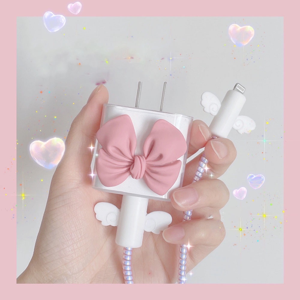 4 Phụ kiện bảo vệ dây cáp sạc bằng silicon mềm họa tiết nơ thích hợp cho Iphone Apple 13 / 12 / 11pro