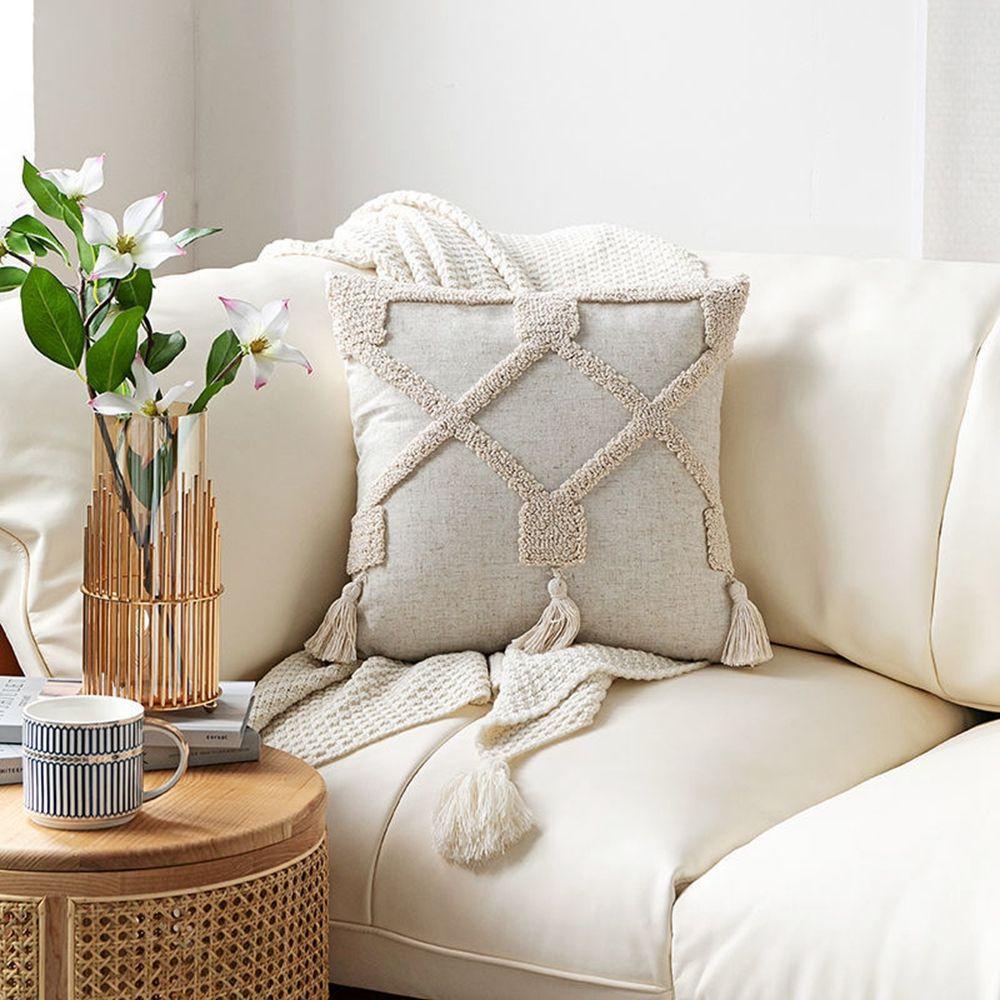 Vỏ Gối Cotton Lanh Phối Tua Rua Trang Trí Nhà Cửa