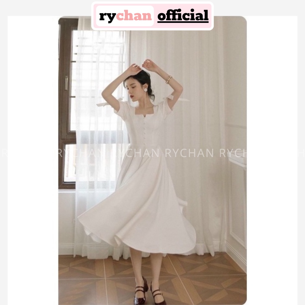 Đầm Nữ Dự Tiệc Dáng Dài Cổ Khóa Nút Bọc Tay Ngắn Nơ Nàng Thơ Pháp Cổ Trắng - DX9814